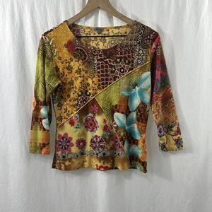 Vintage Caia Y2K 90s Floral Patchwork Colorful Top Womens Size M Boho Festival